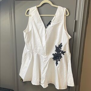 Lane Bryant White V-Neck Sleeveless Peplum Top with Black Floral Applique